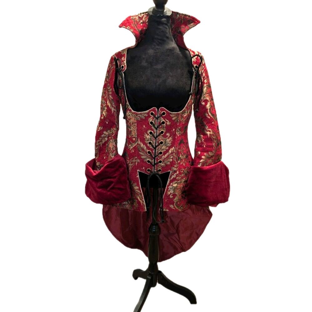 Devil Fashion Red Gold Brocade Renaissance Gothic Pirate Coat Costume Small